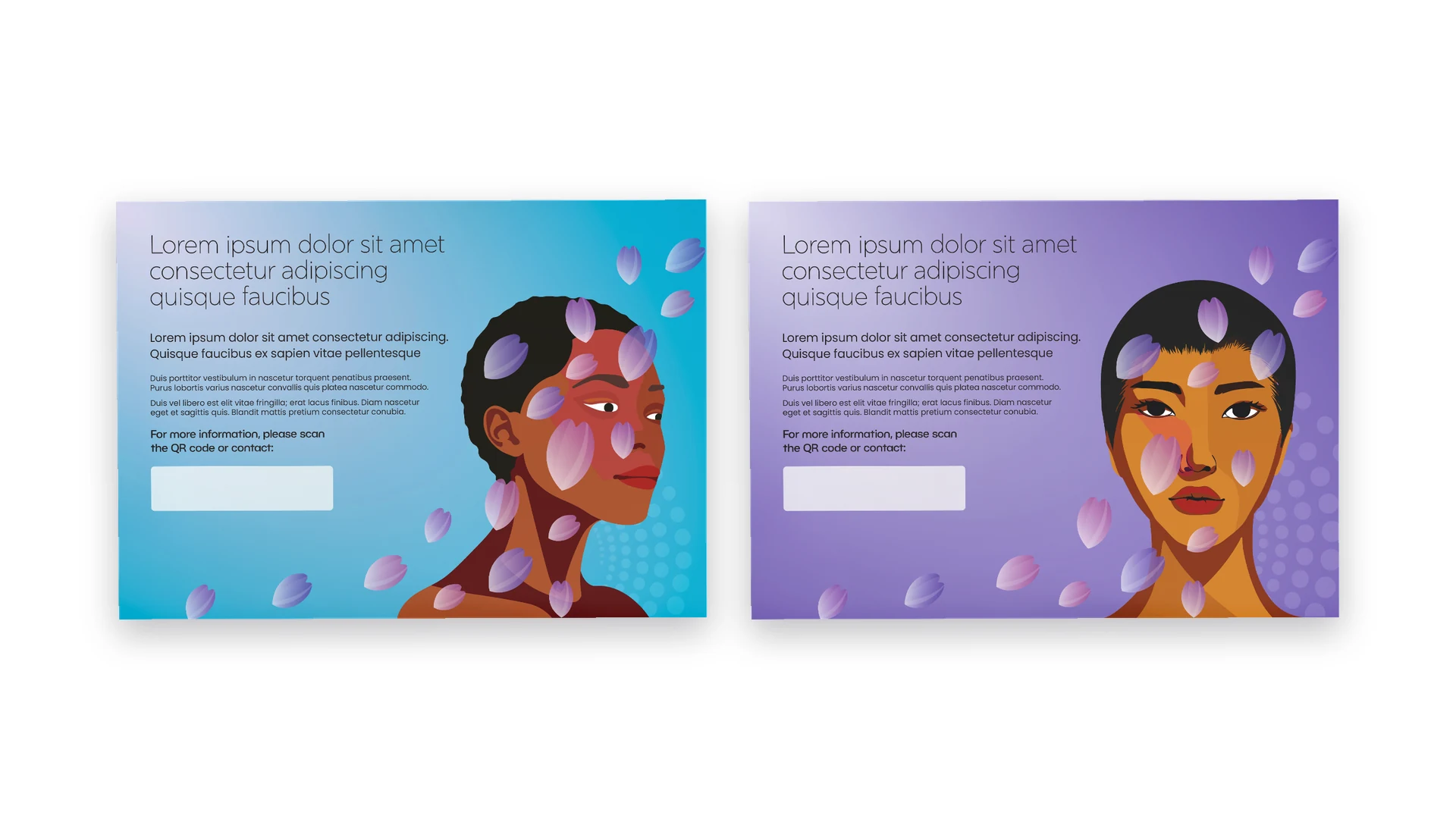 Two recruitment postcards, one blue and one purple, each with an illustrated portrait of a woman