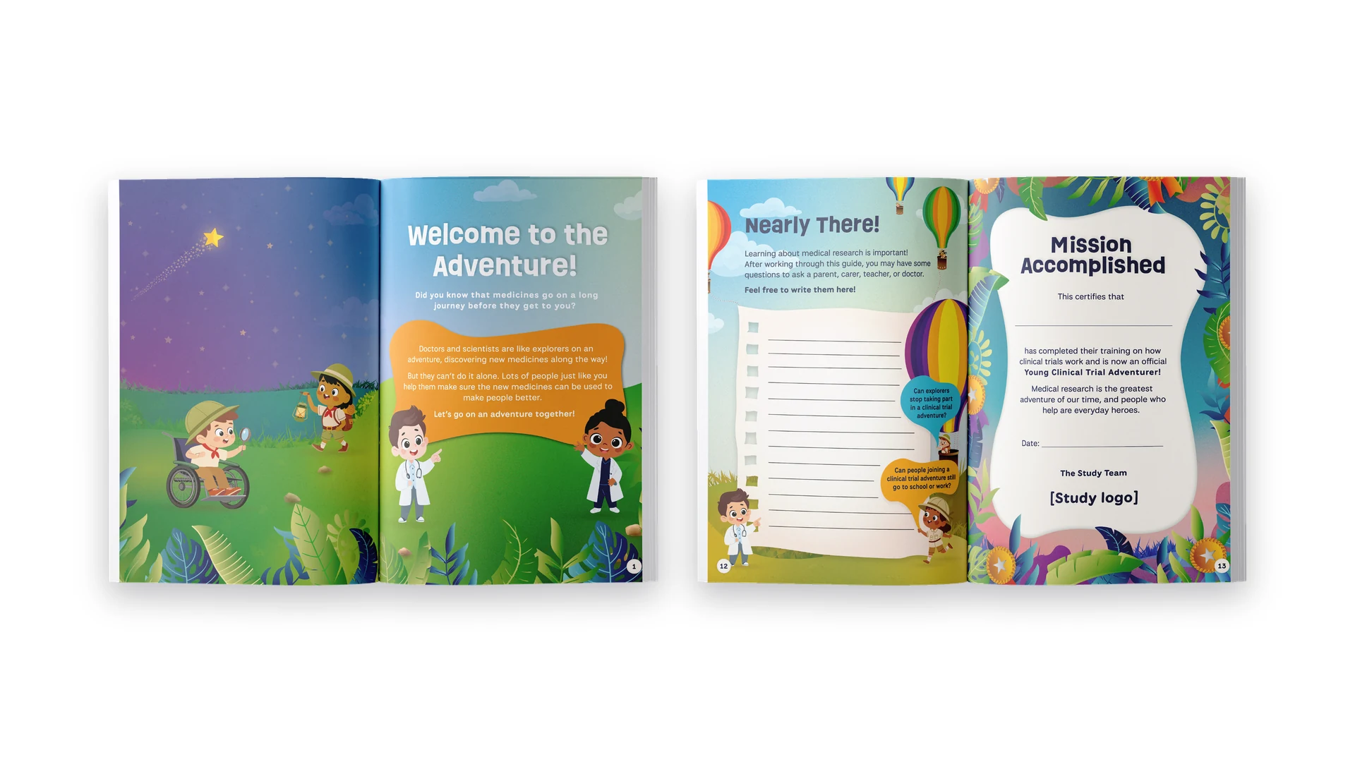 Two spreads of an illustrated children's booklet, Welcome to the Adventure and Mission Accomplished