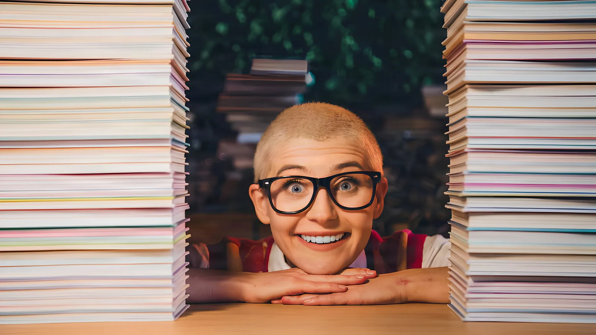 A smiling young woman in glasses resting her chin on her hands between two tall stacks of books