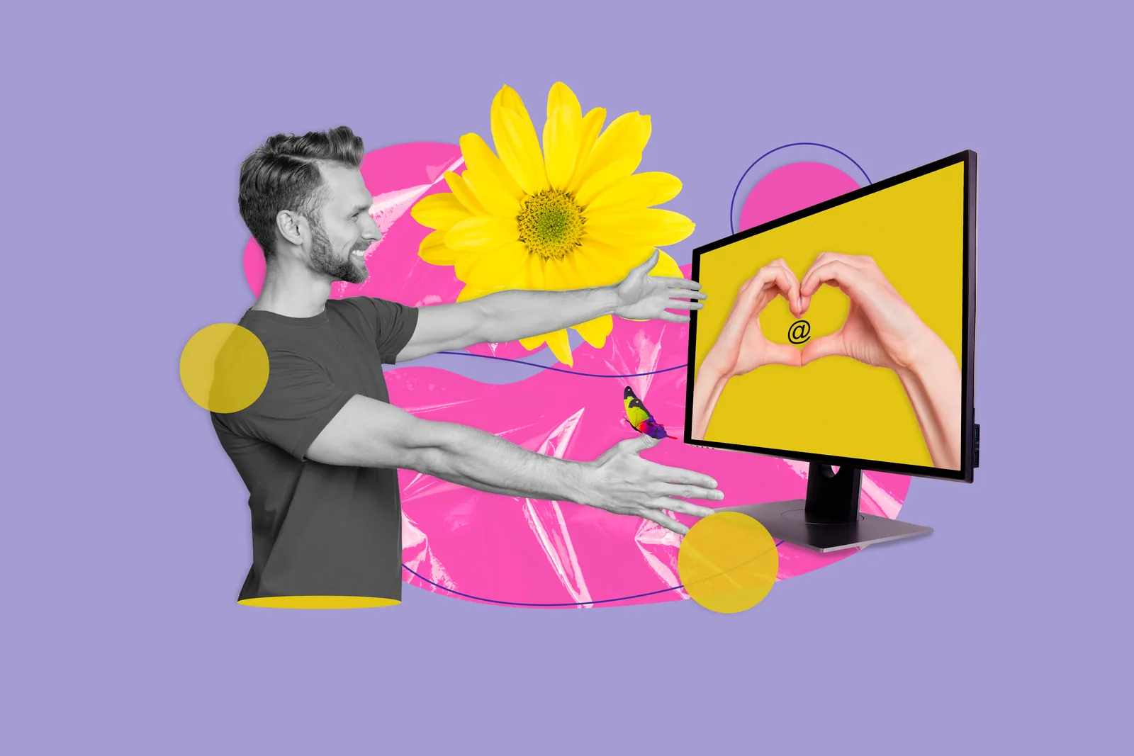A collage of a man reaching out to a computer screen showing two hands making a heart