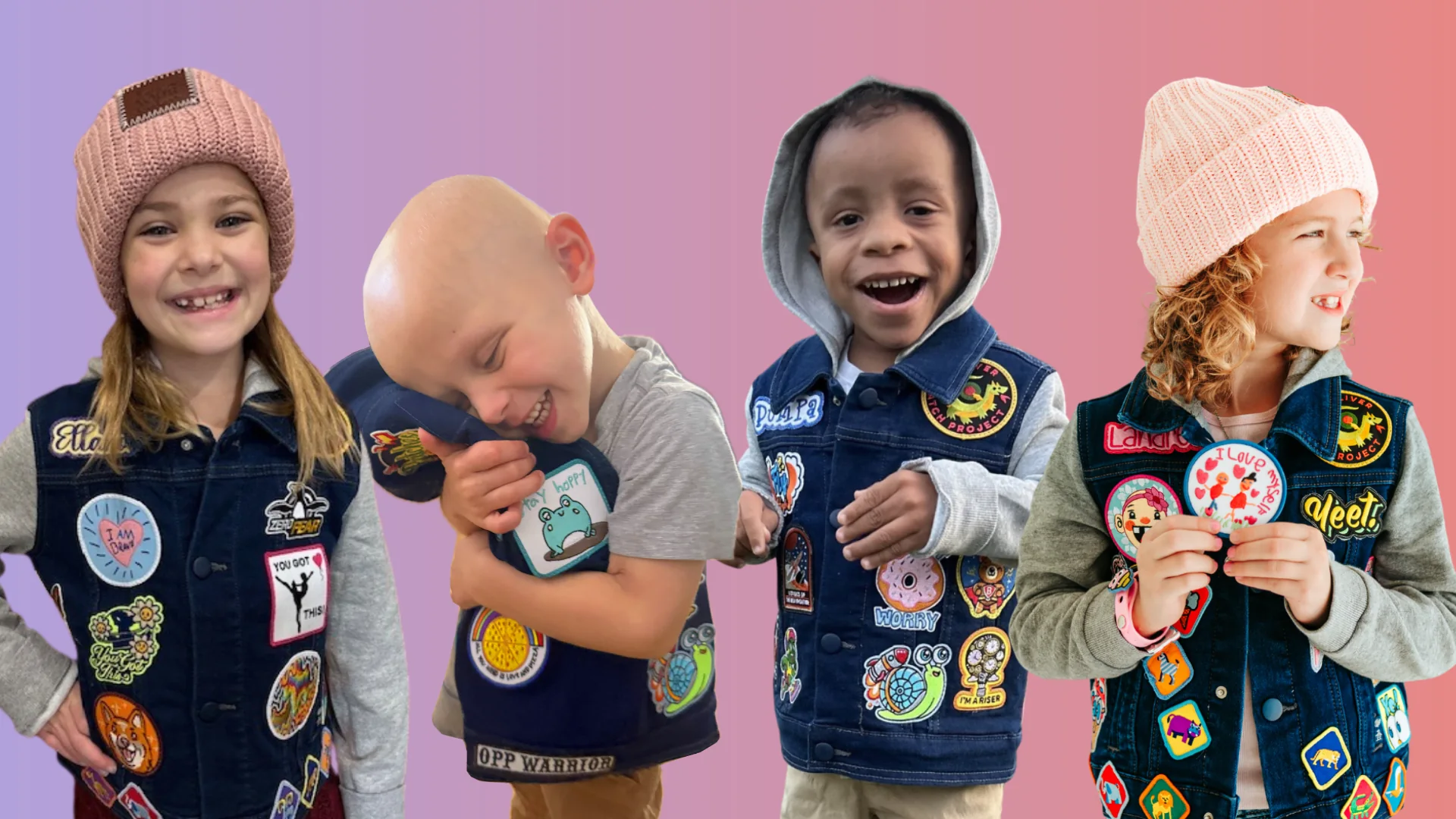 Children in denim jackets covered in patches