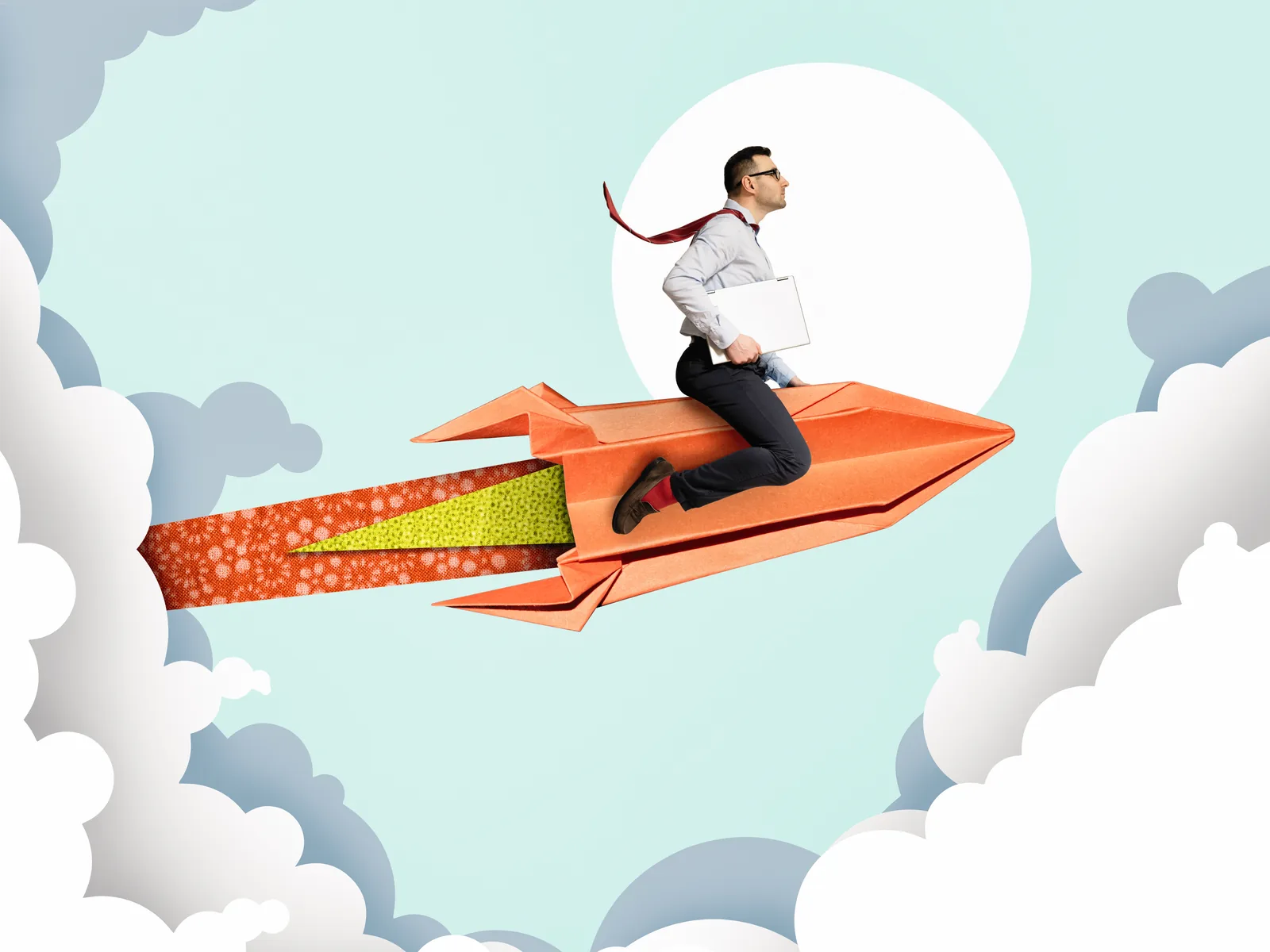 A man in a shirt and tie riding a paper rocket up through the clouds