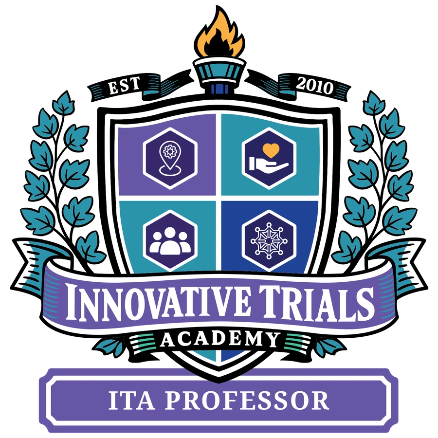 The ITA Professor crest, fully coloured, with a purple name plate and a lit torch
