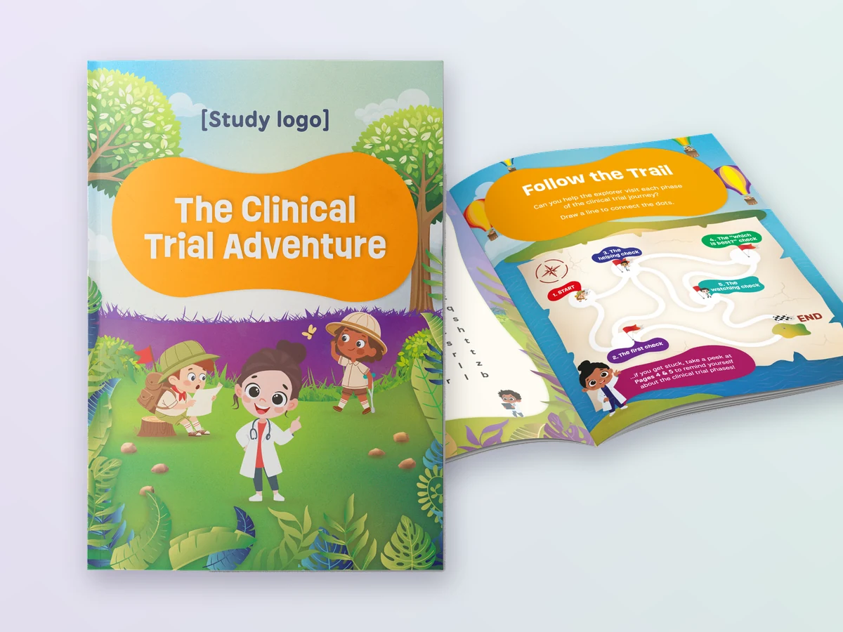 The Clinical Trial Adventure activity book, its cover and an open spread of puzzles